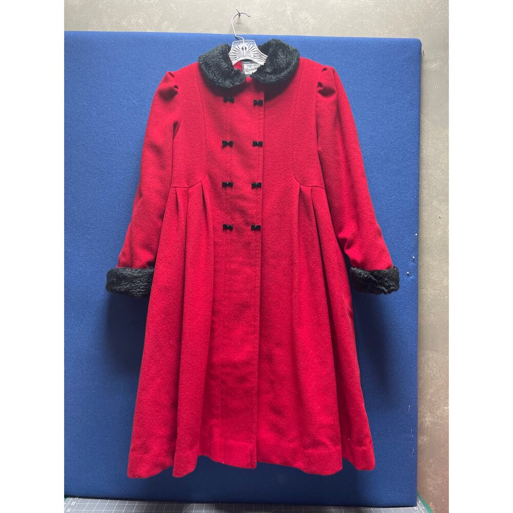 Rothschild Girls‎ SIZE 12 Red Wool Coat With Black Collar, Buttons & Sleeve Trim